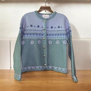 Vintage Tally-Ho S 100% Wool Floral Fair Isle Cardigan Sweater Silver Buttons